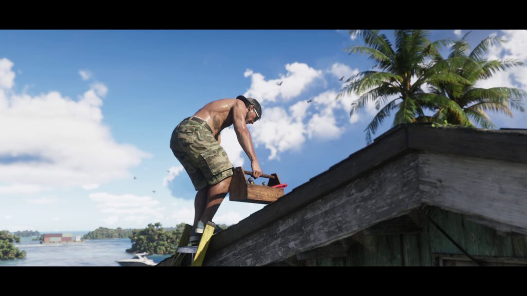 Protagonist Jason Duval fixing some leaks on the roof