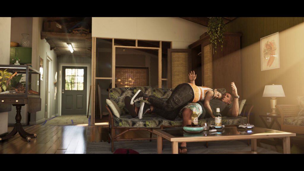 LUcia and Jason relaxing on a couch in the LEnto Keys Safehouse