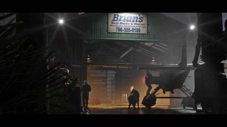 Brian's Boat Works & Marina exterior shot at night