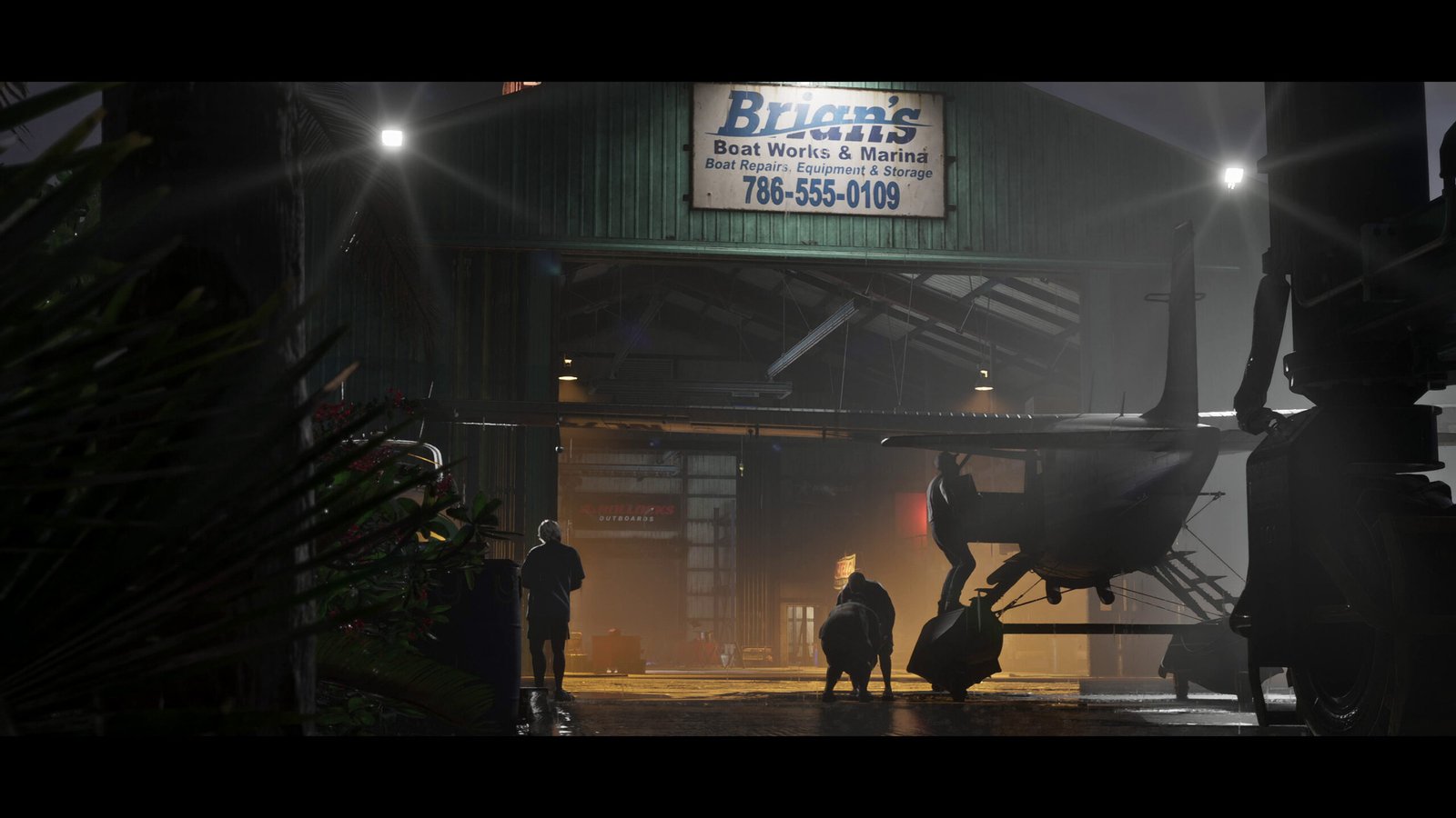 Brian's Boat Works & Marina exterior shot at night