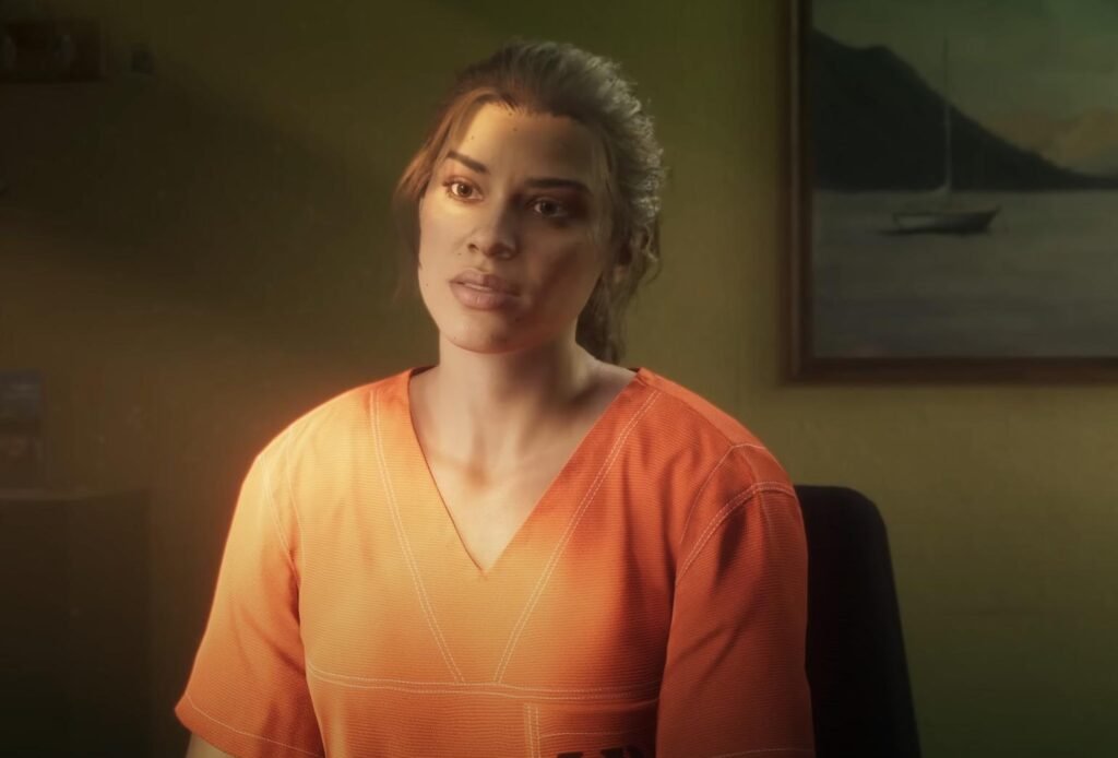 Lucia Caminos in jail orange jumpsuit